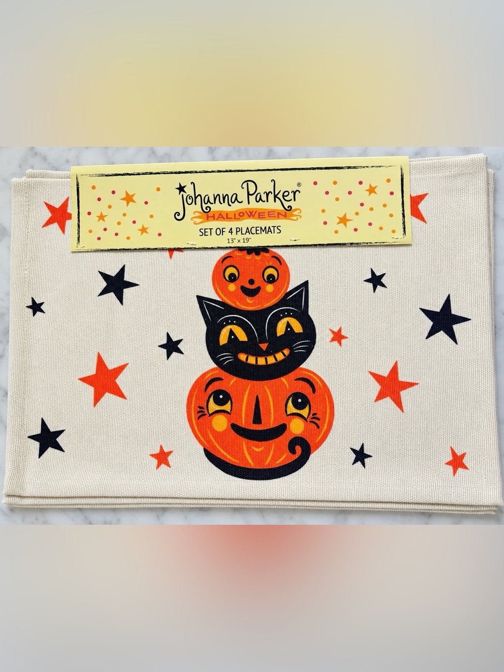 Johanna Parker Halloween Pumpkin & Cat Cream Placemat Set